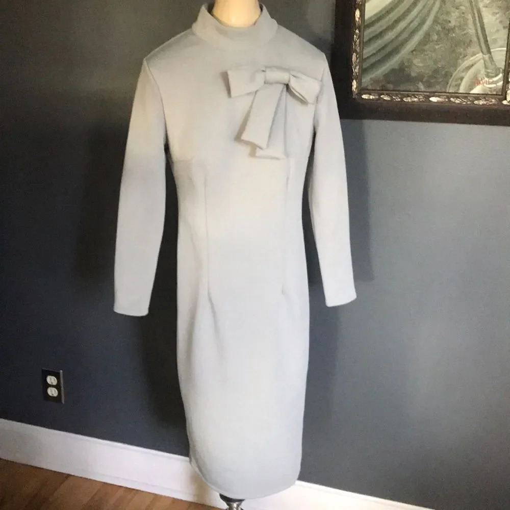 OrderPlus gray knit fitted midi, bow accent, Med